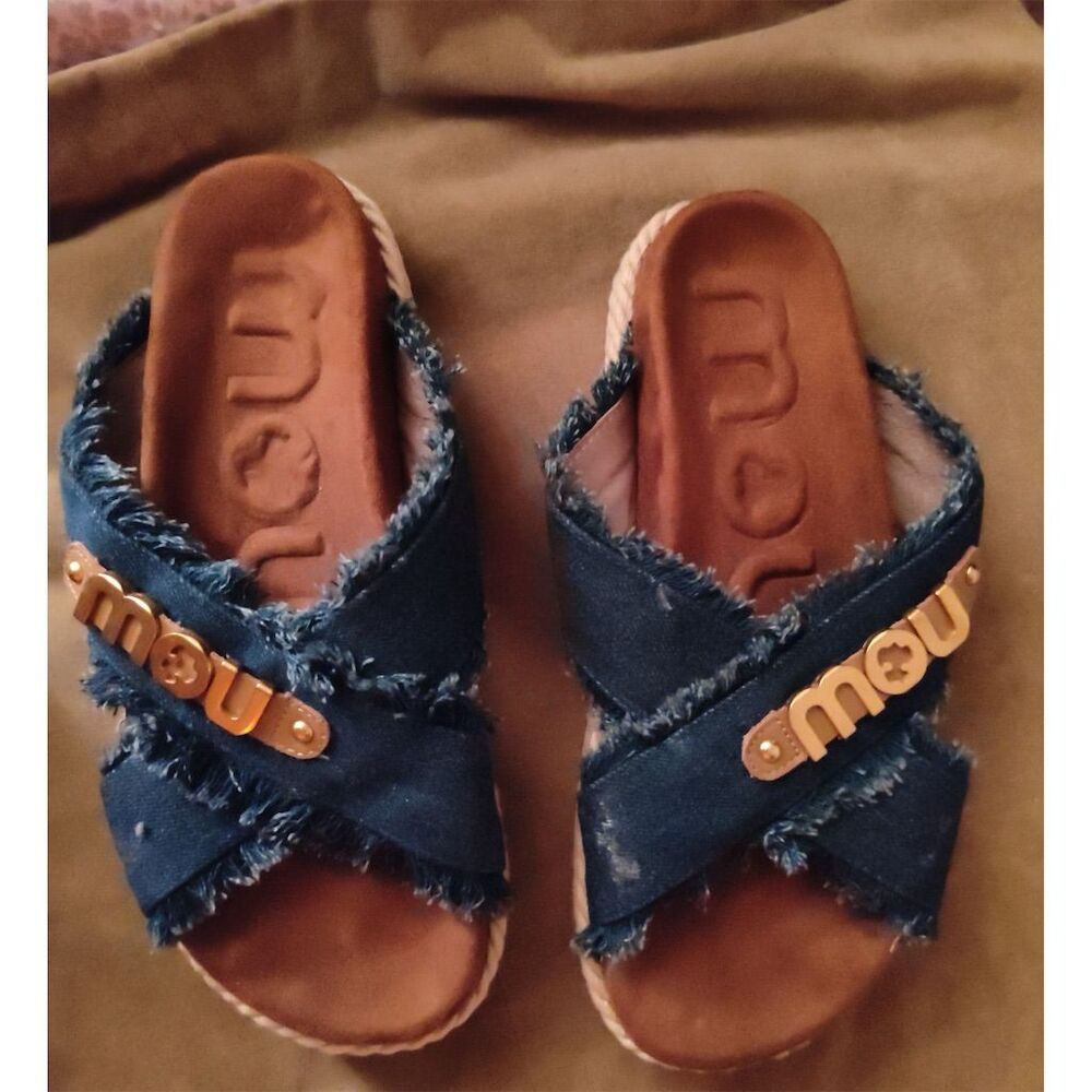 Mou Women's Criss-Cross Denim Slide Sandals Blue Size 6